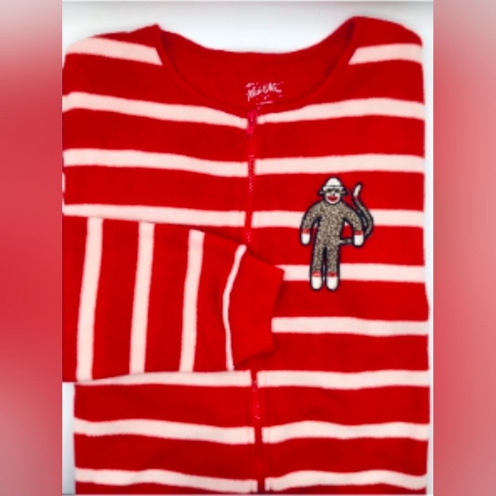 Nick & Nora Striped Sock Monkey One Piece Fleece Footed PJs SMALL